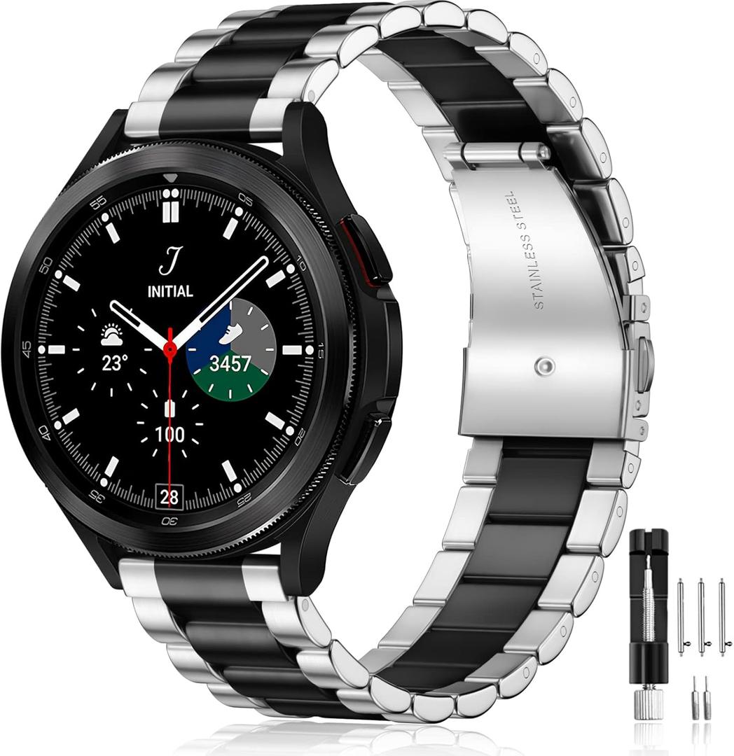 Lerobo Stainless Steel Band Compatible with Samsung Galaxy Watch 8 7 6 5 4 FE 40mm 44mm 45mm/Galaxy Watch 8 Classic 6 4 Classic 43mm 47mm 42mm 46mm, 20mm Metal Replacement Band for Men Women (Black/Silver)