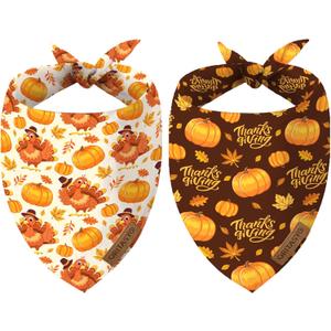 2 x Thanksgiving Dog Bandanas for All Dogs (Turkey Pumpkin Fall Maple Leaves) (2-Pack Triangle Reversible Pet Scarves) Premium Fabric Holidays Bandana, Large V