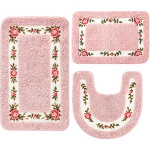 Drydiet 3 Pcs Rose Flowers Bathroom Rugs Set Coquette Room Decor Floral Carpet for Bathroom Bedroom Living Room, Floral Bath Mat Non Skid Romantic Rose Flower Area Rugs 3 Shapes(Pink,Small)