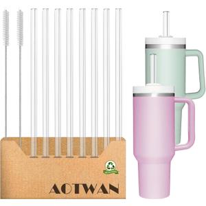 AOTWAN Glass Straws for Stanley 10 Piece Set 40/30 oz Tumbler,12inch Replacement Straw for Stanley 8 Straight with 2 Brushesh,Reusable Glass Straws for Stanley Cup