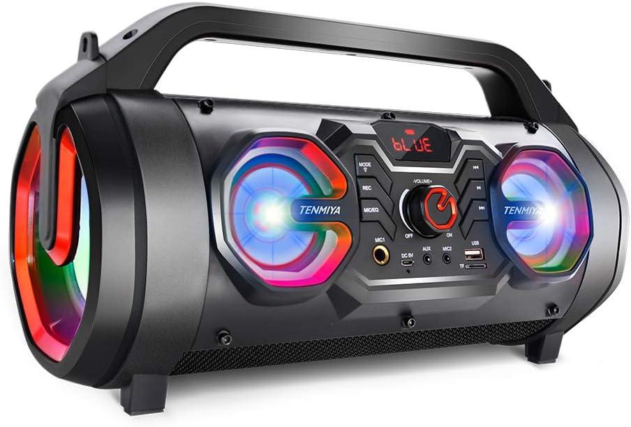 Portable Bluetooth Speaker with Subwoofer, Wireless Speakers with Booming Bass, FM Radio, RGB Lights, EQ, Stereo Sound, 10H Playtime, 30W Loud Speaker for Home, Outdoor, Party, Travel, Camping, Gifts (Black Orange)