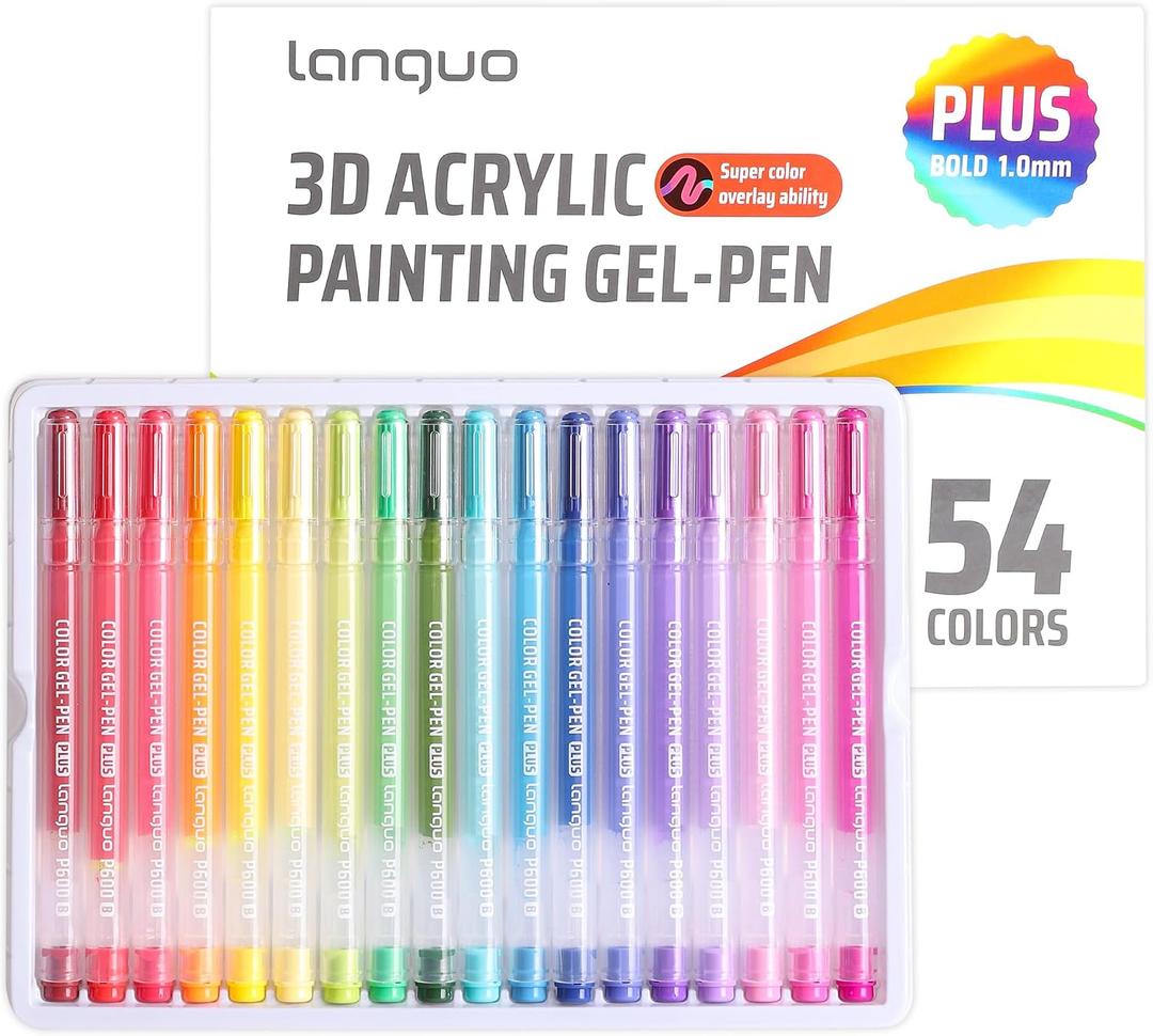 languo Acrylic Gel Pens for Coloring, 54 Colors Set 3D Acrylic Paint Pens with 1mm Bullet Tip for Adult Coloring, Gel Pens for Black Paper, Rock, Glass, Fabric, DIY and Art Crafts Supplies