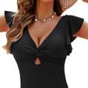 GRAPENT Tankini Tops for Women Swimwear Top Only Ruffle Bathing Suit Cut Out Long Bikini Tops Swimsuit Beach Resort Wear (X-Large, Black)
