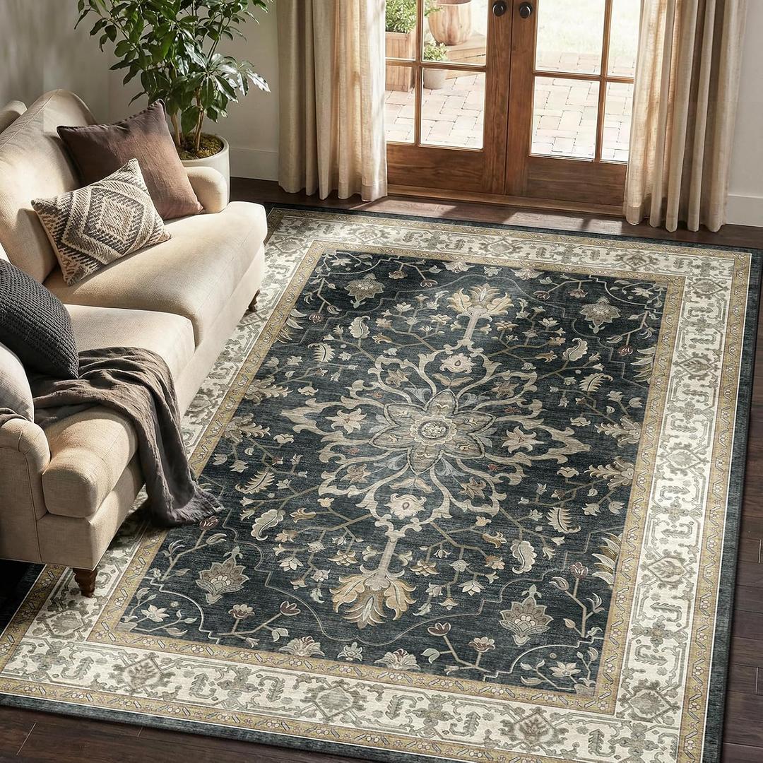 RELEANY Area Rugs 5'x7' Washable Non-Slip, Floral Vintage Distress Print Pattern Medallion Carpet for Living Room Bedroom Dining Room, Vintage Black Brown Neutral