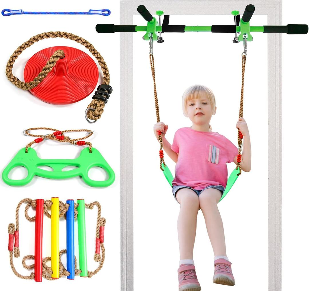 Indoor Kid Swing, Kids Doorway Swing, Door Pull up bar Doorway with 4pcs, Door Pull up bar for Adults,Doorway Gym for Kids Door Swing (JS010007-OR)