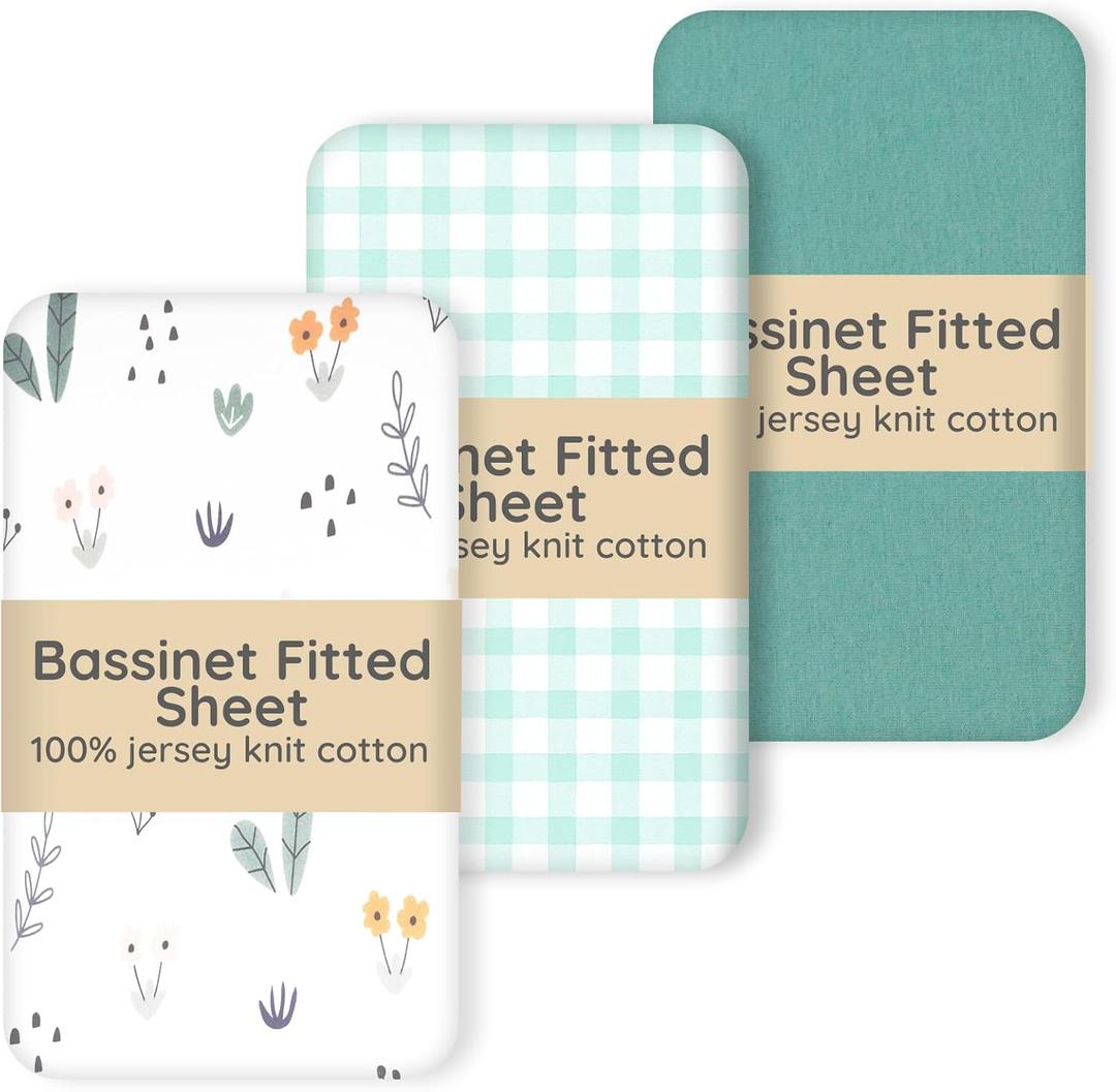 100% Jersey Cotton Bedside Bassinet Sheets 21"x35" Fits Airclub, venowu, Larex 3 in 1, and HARPPA Baby Bassinet, Super Soft and Breathable Bassinet Fitted Sheets, 3 Pack, Green