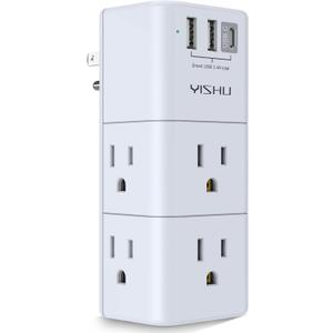 USB Multi Plug Outlet Extender - YISHU Surge Protector with Rotating Plug, 6 AC Plug Extender with 3 USB Ports, 3-Sided Swivel Power Strip Best Ideal Stocking Stuffers for Adults (White)