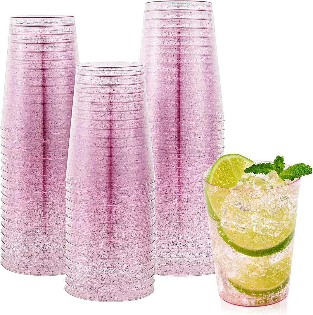 JOLLY CHEF 10 oz Purple Plastic Cups, 100 Pack Party Glasses Tumblers, Heavy Duty Purple Glitter Disposable Cups for Wedding, Thanksgiving, Christmas, Halloween