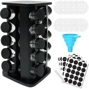 KALINCO Rotating Spice Rack, Spice Rack Organizer for Cabinet, Spice Rack with Jars(20-Jar), Revolving Spice Organizer, Spice Carousel Tower for Kitchen, Black