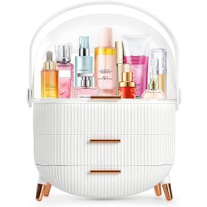 MASSY Egg Shape(Oval) Makeup Storage Box, Countertop Portable Vanity Cosmetics Organizer Preppy (FBA-White)
