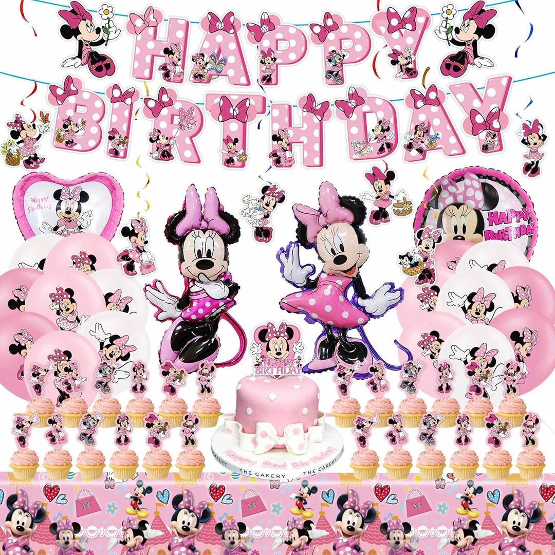 Pink Birthday Party Decorations Kit, Cartoon Birthday Supplies, Includes Happy Birthday Banner, Foil Balloons, Tablecloth, Backdrop, for Adult Themed Party Supplies