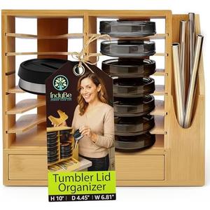 indyBe Bamboo Tumbler Lid Organizer – Space Saving Multi-Tier Storage Rack with Straw Holder and Gasket Drawer – Vertical Cup Lid Organizer for Cabinet, Kitchen Countertop - Double