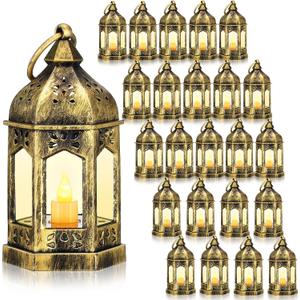 Hortsun 24 Pcs Vintage LED Lantern for Centerpiece Wedding Decorative Lantern with Flickery Candle Battery Powered Wedding Festival Hanging Tealight Ramadan Christmas Party Decoration(Gold)
