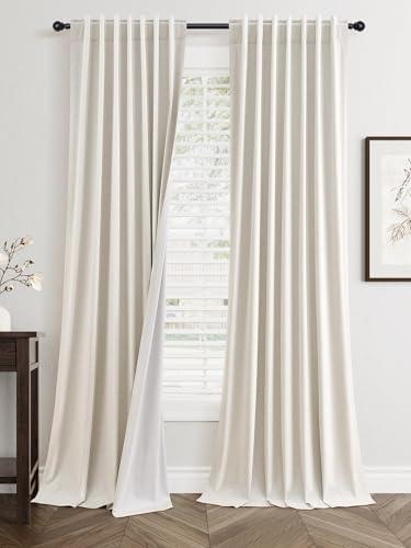 100% Blackout Curtains 84 Inch Length 2 Panels Set Farmhouse Style for Bedroom Windows/Living Room Thermal Insulated Neutral Boho Drapes Linen Blend Natural Ivory 7ft Long Hook Belt Pleated/Back Tab