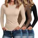 Riyiper 3 Pack Women's Long Sleeve Shirts Cotton Blend Crew Neck Tops Slim Fitted Casual Base Layer Lightweight Tees 2026