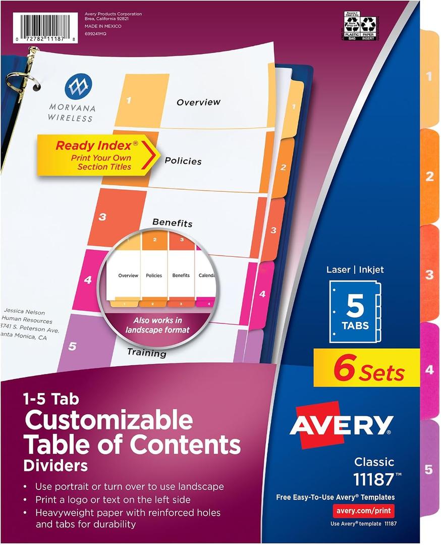 2 x Avery 5 Tab Dividers for 3 Ring Binders, Customizable Table of Contents, Multicolor Tabs, 6 Sets (11187)
