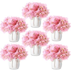 Leinuosen 6 Set Artificial Hydrangea Flowers and Plastic Vases Set Centerpieces Table Decorations Silk Fake Hydrangea Full Flowers Heads with Stems Bulk for Wedding Home Baby Shower (Pink)