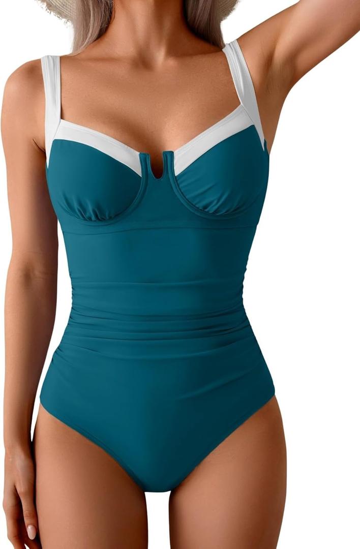 B2prity Women's Underwire One Piece Swimsuits Tummy Control Bathing Suits Push Up Swim Suit Color Block Swimwear (XX-Large, Peacock Blue, White)