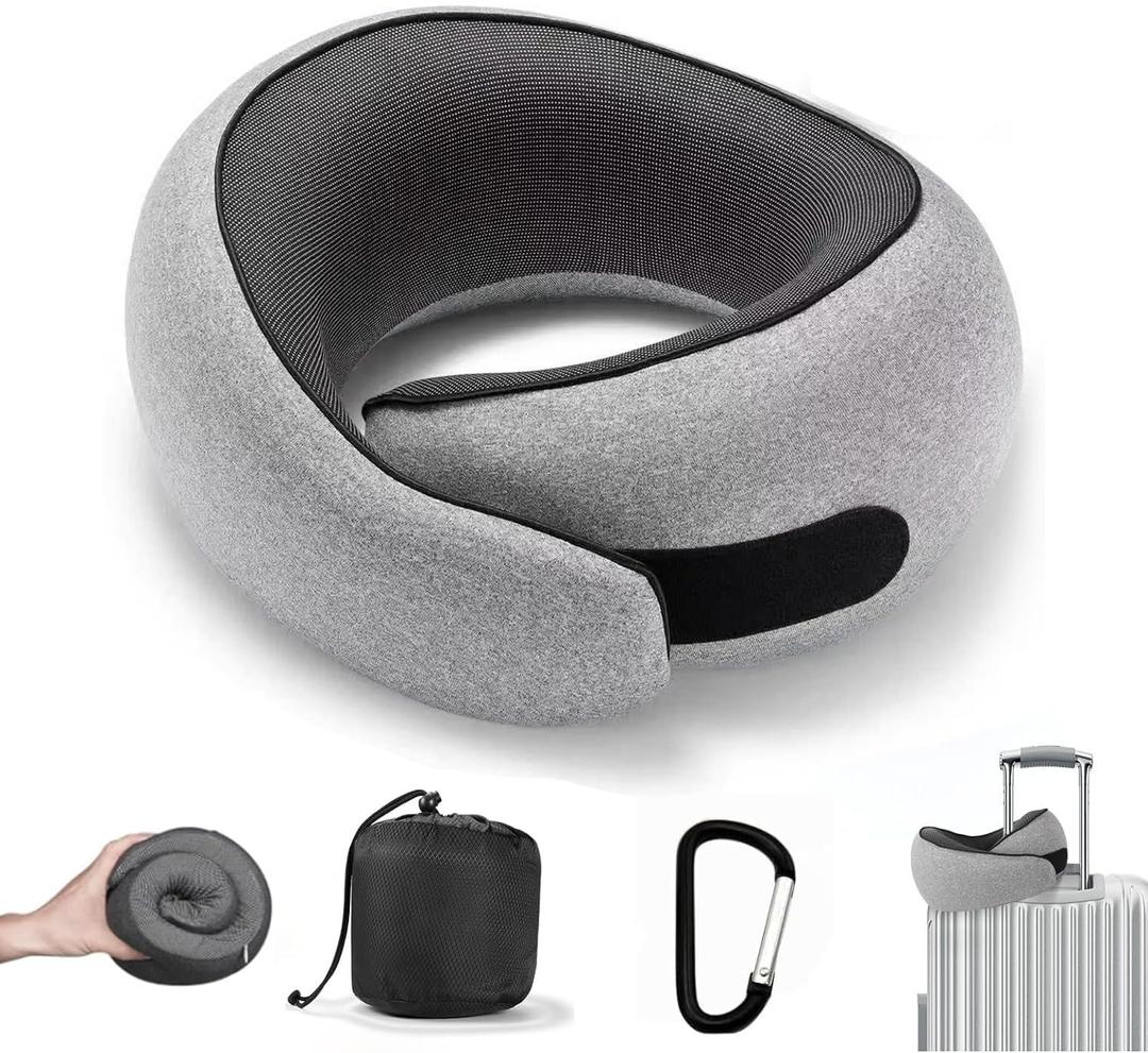 SZXYX Travel Pillows for Airplanes, 100% Pure Memory Foam Neck Pillow for Airplanes, Comfortable Breathable Cover, 360 Support Stowable Pillows for Sleeping, Car, Airport Travel Essentials, Max Grey