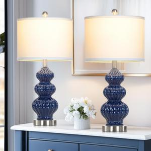 26" Blue Table Lamp Set of 2 with Rotary Control, Ceramic Table Lamps Classic Beside Lamps Nightstand Lamp Modern Table Lamp for Living Room,LED Bulbs Included