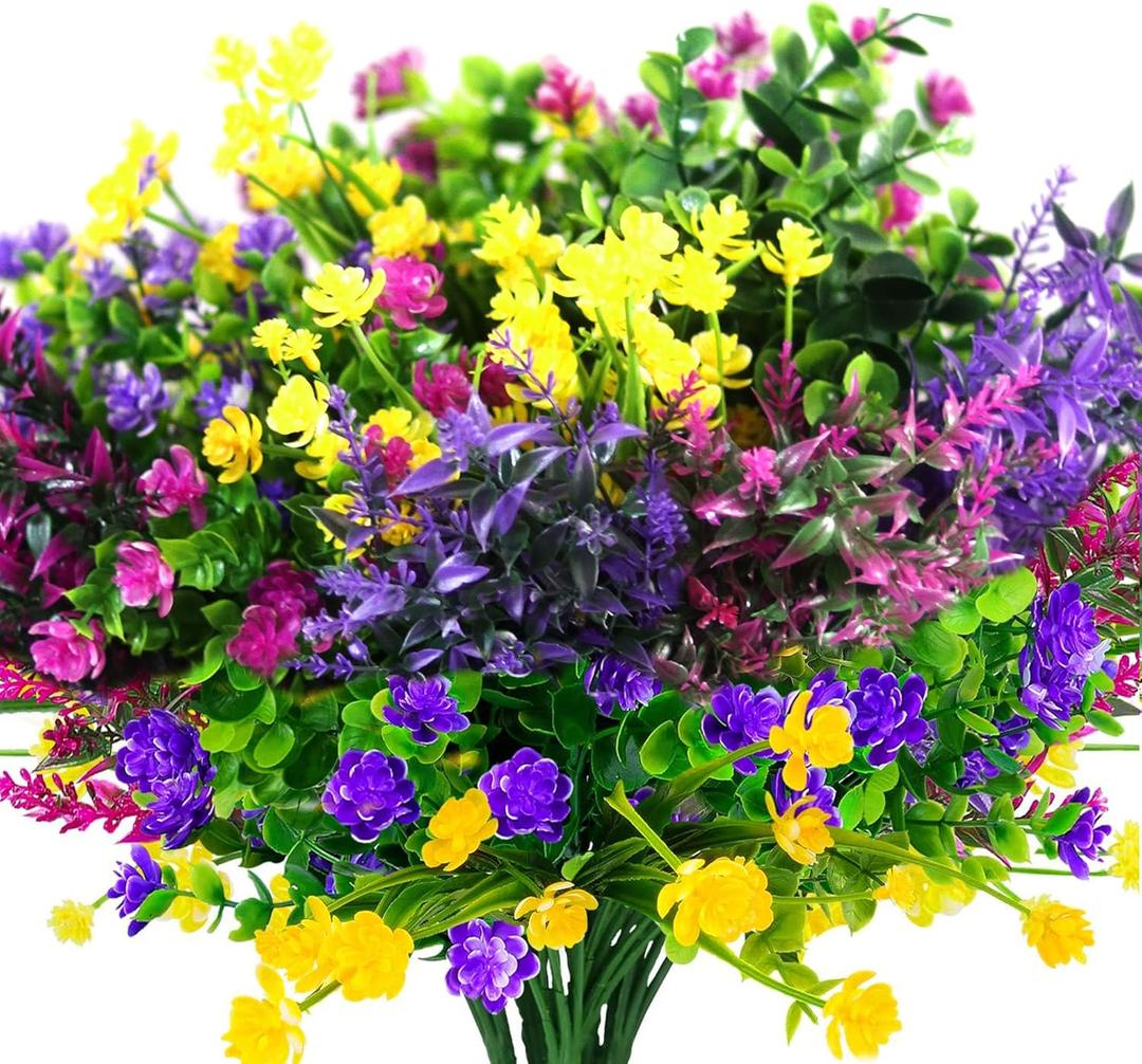24 Bundles Artificial Fake Flowers Outdoor, 6 Styles UV Resistant No Fade Faux Plastic Greenery Shrubs Plants for Hanging Garden Porch Window Box Farmhouse Outside Decoration (24pcs Mixed Color)