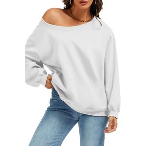 ELLEVEN Women’s Off Shoulder Sweatshirt, Casual Long Sleeve Pullover Tops with Pockets (White, S)