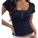 Cioatin Women Y2K Lace Patchwork Short Sleeve Pointelle Crop Tshirt Button Up Scoop Neck Henley Tee Shirt Tops Summer, Small