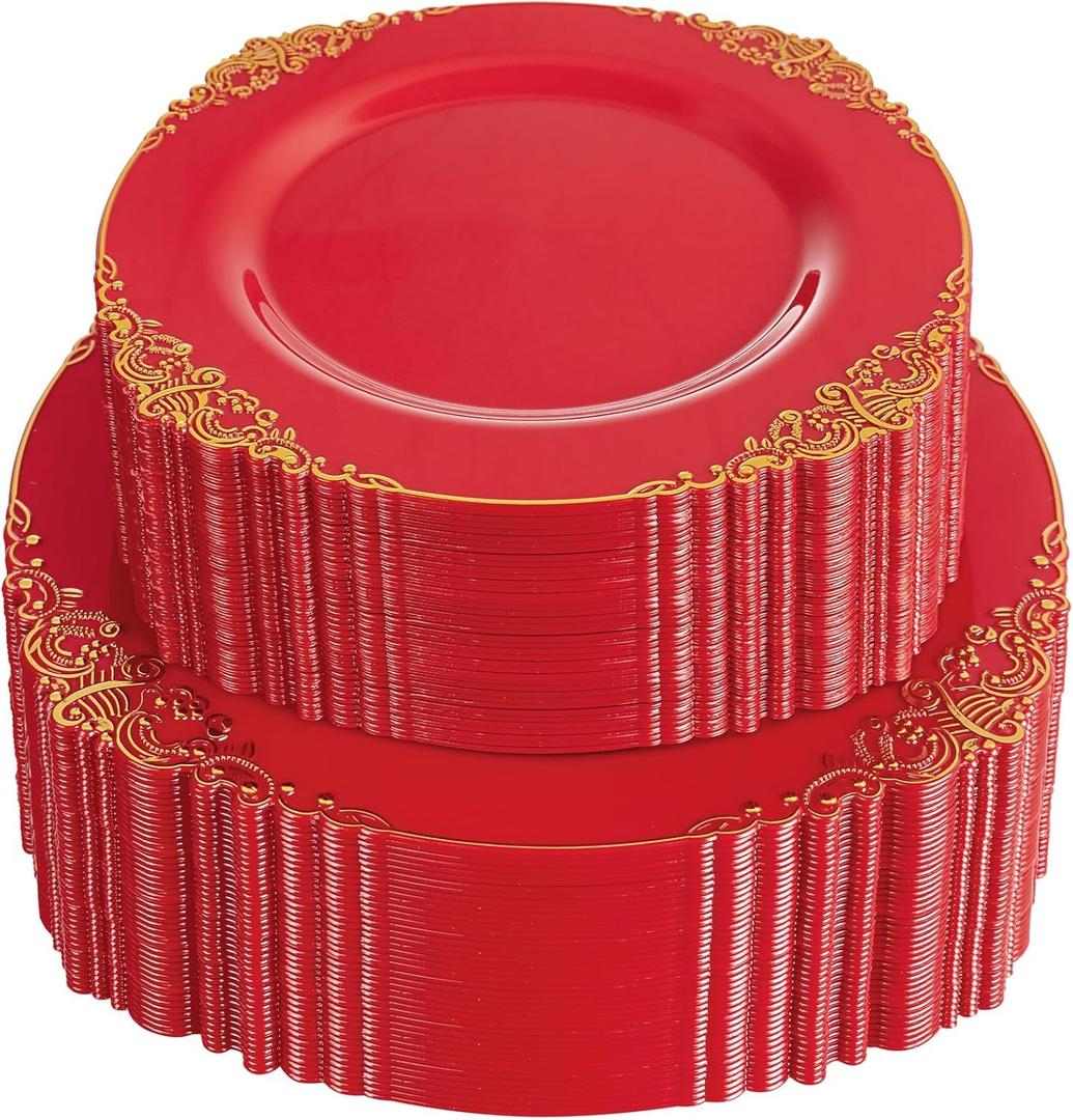 102PCS Red and Gold Plastic Plates - Red Plates Disposable - Red Plastic Plates with Gold Rim Include 51PCS Dessert Plates, 51PCS Dinner Plates Perfect for Graduation & Weddings & Parties