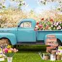 ZJRBJB Spring Backdrop Blue Truck Photography Backdrops Blossom Flowers Photoshoot Background Easter Children Birthday Wedding Baby Shower Party Decor 10x8ft