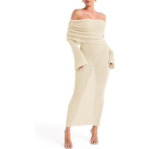 Saodimallsu Womens Off Shoulder Summer Maxi Dress Bell Long Sleeve Sexy Bodycon Strapless Sheer Beach Swimsuit Coverup (Medium, Beige)
