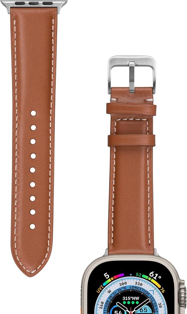 maogoam Genuine Leather Bands Compatible With Apple Watch Ultra Band 49mm, Calfskin Leather Rugged Durable Stainless Connector Replacement Strap for iWatch Ultra/Ultra 2 (Silver/22mm Tan)