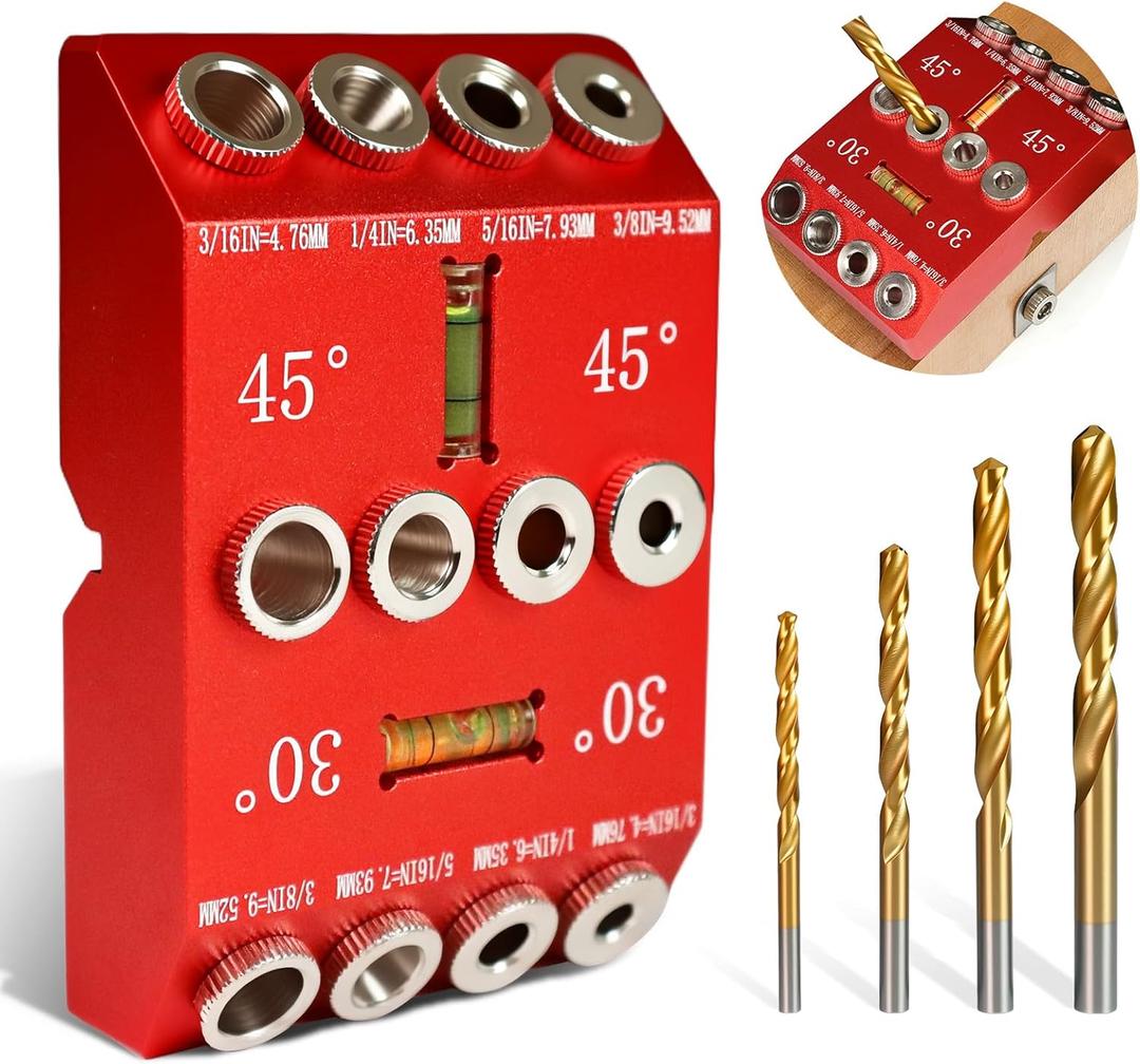 30/45/90 Angle Drill Guide Jig, Drill Guide for Straight or Angled Holes with Bubble Level, Portable Metal Drill Guide for Wood, Deck Railings, Posts, Includes 4 Drill Bits