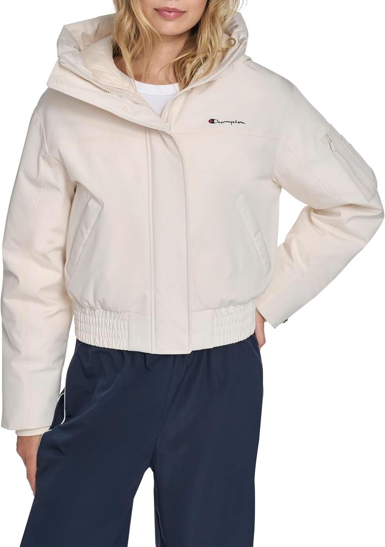 Champion Women's Cropped Hooded Ski Bomber (Large, White)