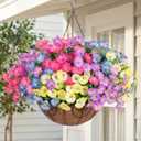 Artificial Fake Hanging Flowers Baskets for Outdoors Faux Plants Spring Outside Decor, UV Resistant Silk Morning Glory Flowers in Planter Realistic Petunias for Outdoor Porch Patio Garden Yard Home