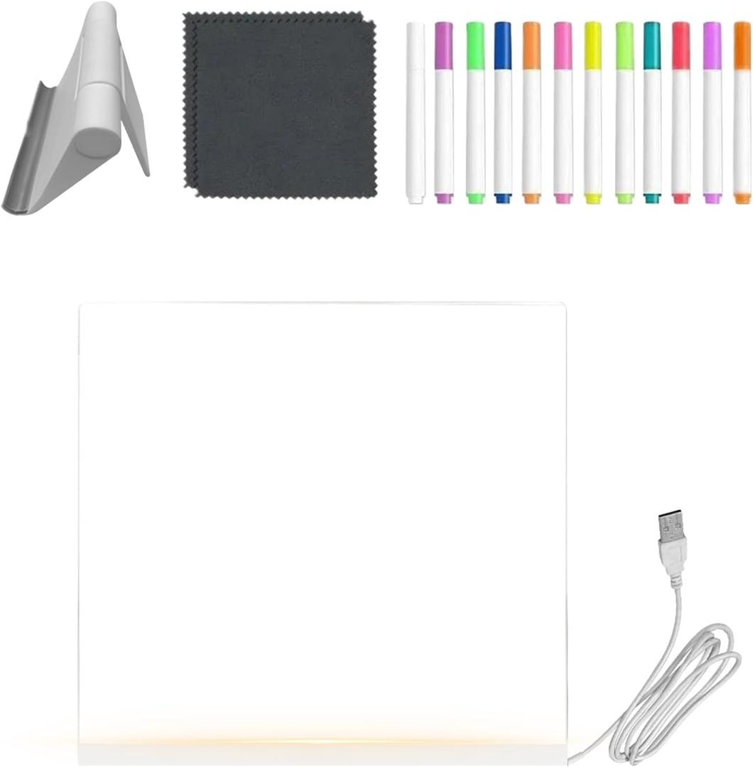 Led Writing Board - Transparent Acrylic Writing Pad | Dry Erase Led Board with 12-Color Pens and Foldable Stand,for Girl Boy Birthday Painting Classroom Road Trip (20x20cm)