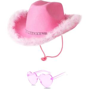 Cowboy Hat with Heart Sunglasses - Cowgirl Hat with Feather Boa Brim for Women & Men,Bachelorette Party Halloween (Pink)