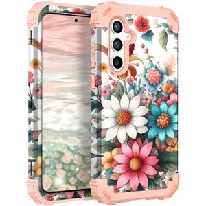 TEECOVER for Samsung Galaxy S25 Plus Case, Heavy-Duty Shockproof Full Protection Hard Plastic Bumper + Soft Silicone Rubber Protective Case for Galaxy S25 Plus 6.7-Inch, White/Pink Flowers