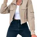 Fisoew Women's Cropped Bomber Jackets Lightweight Zip Up Stand Collar Long Sleeve Short Jacket with Pockets