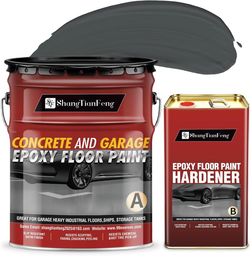 4 Gallon Epoxy Floor Paint kit (Medium gray,High-gloss,800 sq.ft) -100% solids| 6H hardness|20-year durability| Compatible with decorative color flakes,Concrete coating for Garages,Basements, Wall, 512 Fl Oz