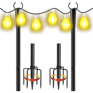 2 Pack 10Ft String Light Poles, Metal Poles with Fork for Outside Lights,Outdoor Metal Light Stand with Fence Brackets Hanging Lights for Garden Patio Wedding Backyard Deck Party