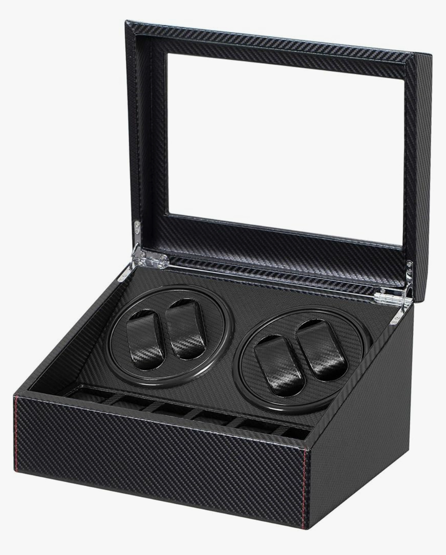 LLS Automatic Watch Winder with 4 Quiet Running Motor Watch Winding Display+ 6 Flexible Watch Pillows Luxury Fiber Leather Storage Case for Man/Woman's Watches