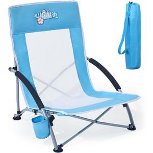 Old Bahama Bay Ergonomic Low Beach Chair for Back Support Heavy Duty 350lbs Folding Sand Chair with Breathable Mesh, Cup Holder & Carry Bag Lightweight Portable Seat for Beach, Camping, Concerts