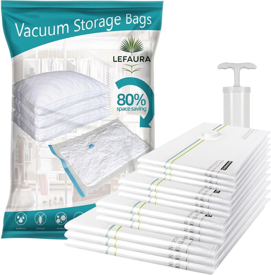 LEFAURA 12 in one pack Vacuum Storage Bags with Hand Pump, Small, Medium, Large and Jumbo size, Space Saving Compression Bags for Clothes, Bedding, Travel, Moving, 80% Storage Reduction