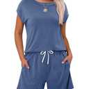 KISSMODA Women's Drawstring Waist Loose Fit Loungewear Set with Pockets (Blue, S)