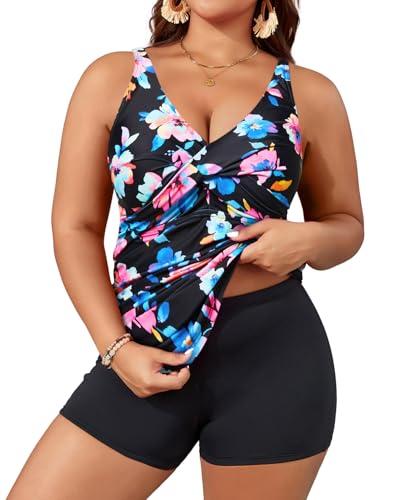 Aqua Eve Plus Size Tankini with Shorts Two Piece Swimsuits Tummy Control Bathing Suits for Women Colorful Floral 22W