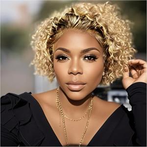 Yiifiulyn Blonde Pixie Cut Wig Human Hair, Short Water Wave Lace Front Bob Wig Short Curly Human Hair Wigs for Women