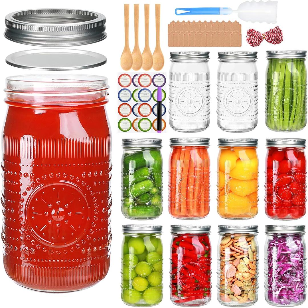 Encheng 32 oz Wide Mouth Mason Jars with Lids and Bands, 12 Pack Clear Glass Canning Jars for Fermenting, Preserving, Quart Size Large Mason Jars for Jam, Pickling, Meal Prep, DIY Crafts