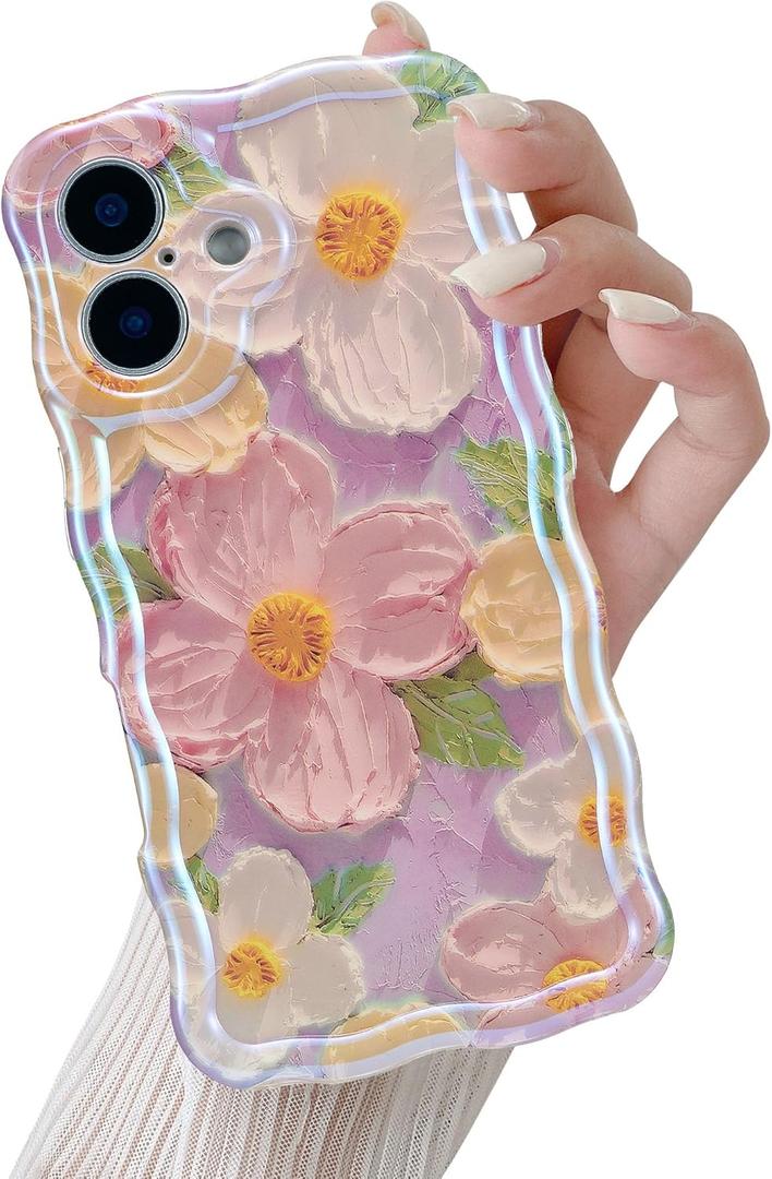 QLTYPRI Case for iPhone 16, Laser Colorful Retro Oil Painting Flower Pattern Cute Curly Wave Border Exquisite Phone Case for Girls Women, Shockproof TPU Protective Phone Cover - Pink
