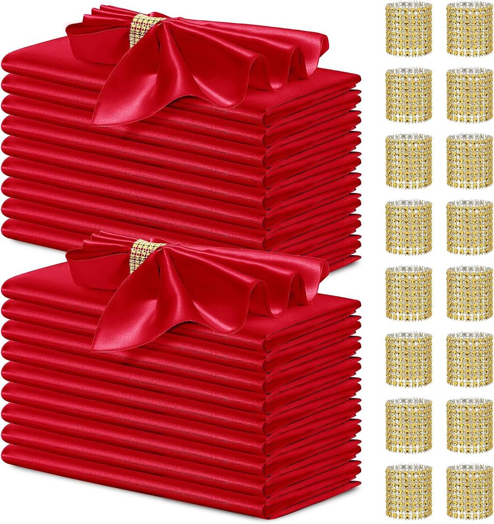 40 Pack Satin Napkins and Napkin Rings Set of 20 Red Satin Table Napkins 17 x 17 Inch, 20Pcs Silky Cloth Napkins for Wedding Party Banquets Dinner