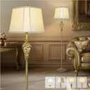 Vintage Floor Lamp for Living Room, 65" Tall Lamp with Nightlight and Beige Faux Silk Shade, Farmhouse Standing Lamp for Bedroom, Office Corner, or Study, Elegant Rustic Home Decor (LED Bulb Included) (Antique Brass-No Tray)